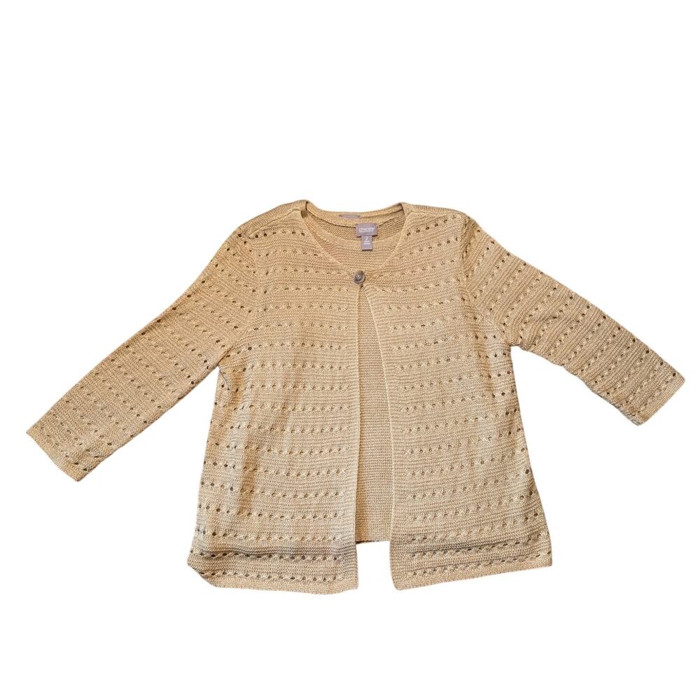 Chico’s Womens One Button Cardigan Sweater Size 2 Gold Beige Open Knit Pointelle